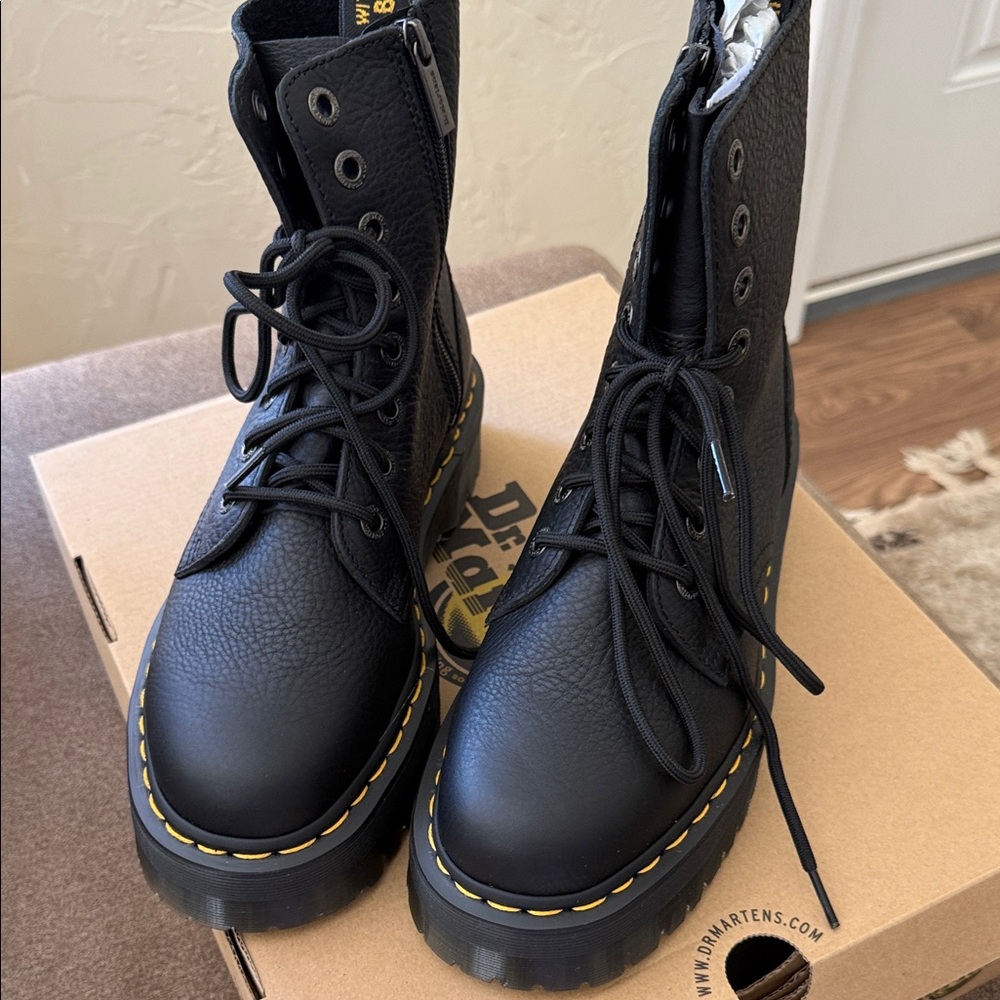 Dr. Martens Black Leather Platform Lace-Up Boots with Yellow Stitching - Picture 4 of 6